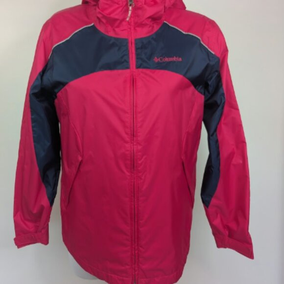 Columbia Raincoat Kids Pink Blue Large Shell Hood Lightweight Full Zip Pockets - Picture 1 of 11